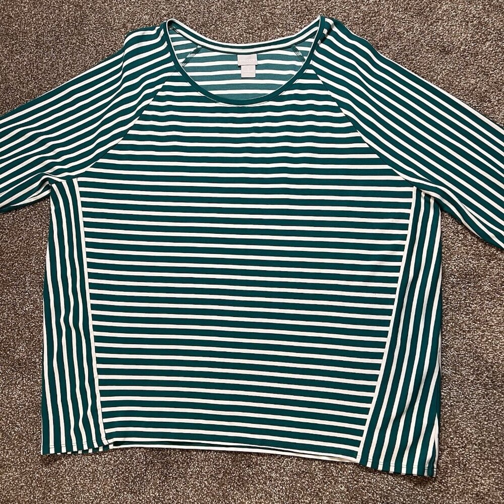 Chico’s 4 Women’s Stripe Top Size 2XL Scoop Neck Stretch Knit Pullover Green - Picture 9 of 9